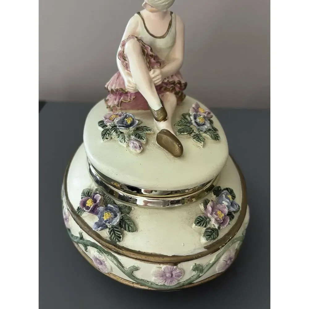 Vintage Ballerina Girl Trinket Box Jewelry Porcelain Floral Cottage Vanity MCM